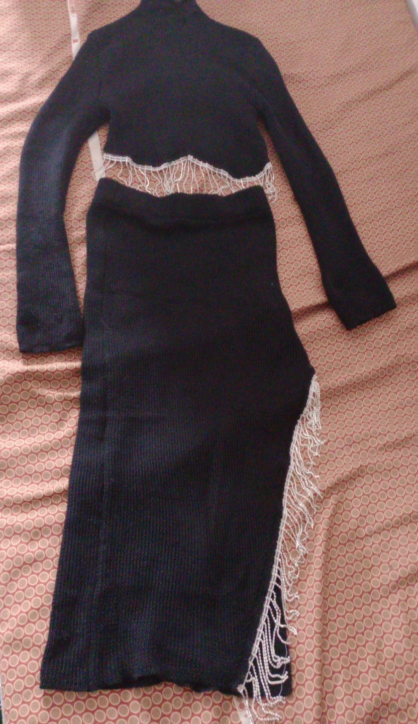 Black Rhinestones Trim Knit Sweater & Skirt Set 🥕