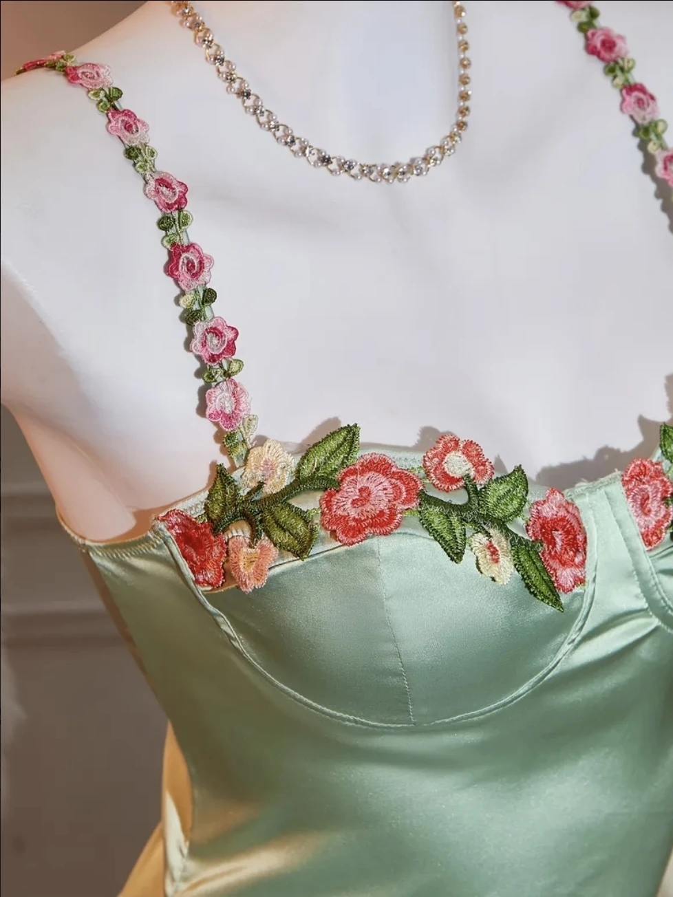 Light Green Satin Slip Dress with Floral Straps 🏆 - photo 4
