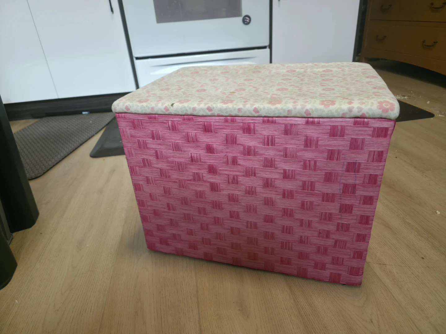 Pink Woven Storage Ottoman with Floral Lid