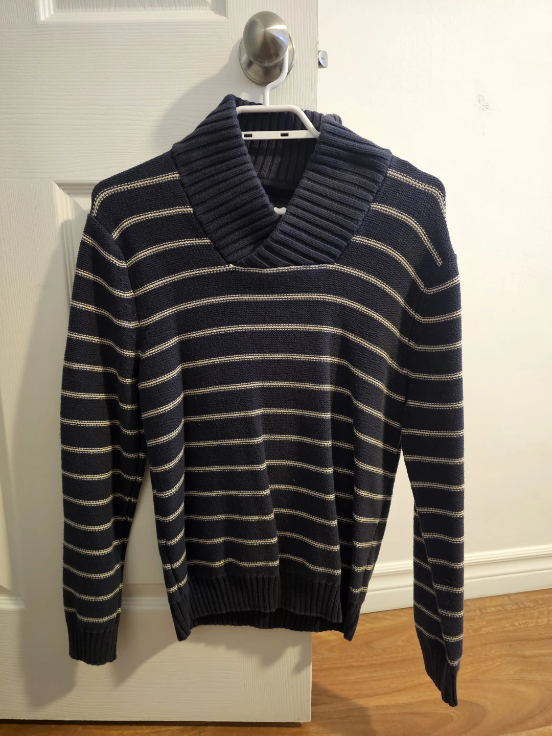 Navy and Cream Striped Shawl Collar Sweater - photo 2