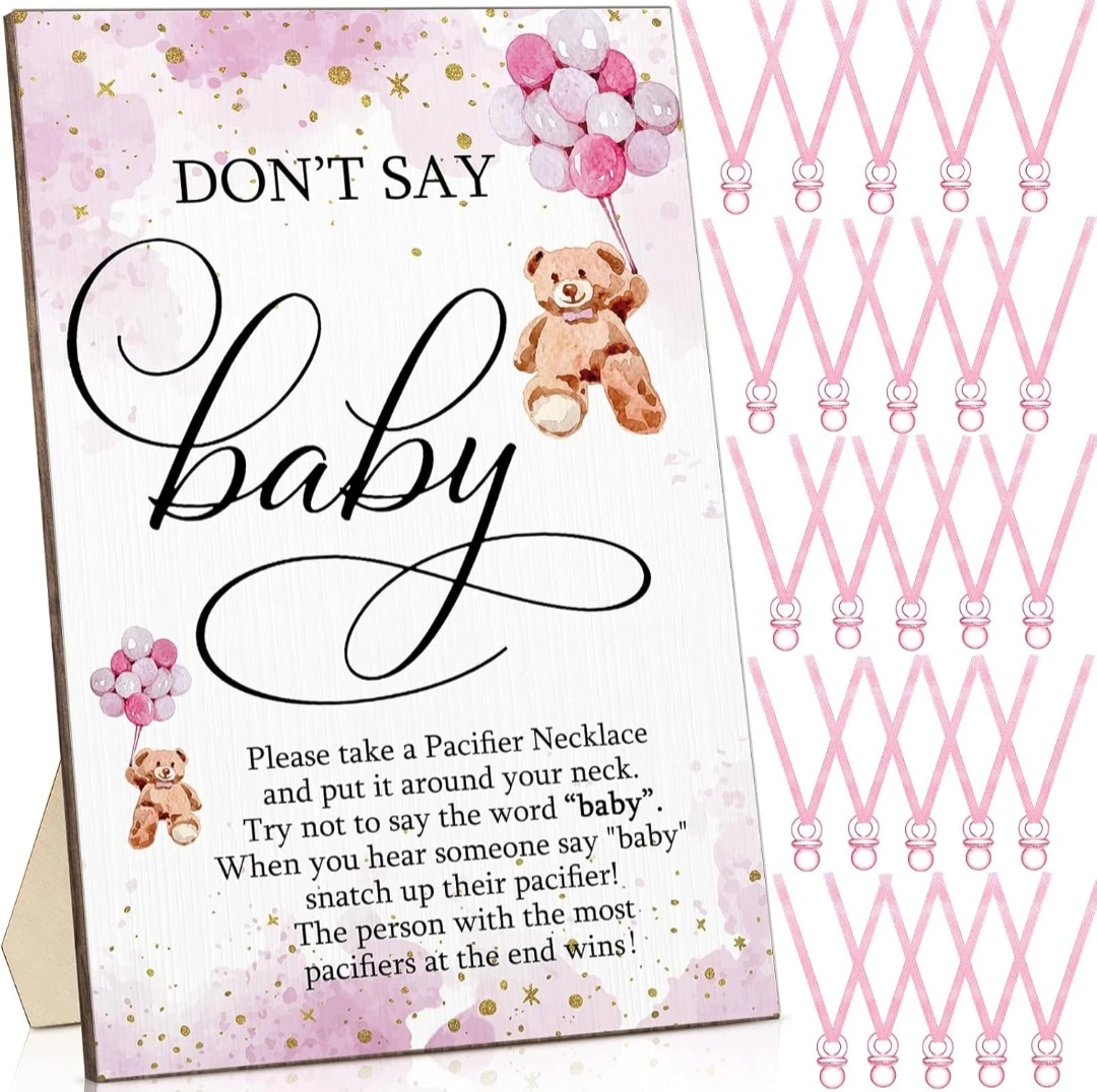 Don't Say Baby Game Sign and Pacifier Necklaces for Baby Shower