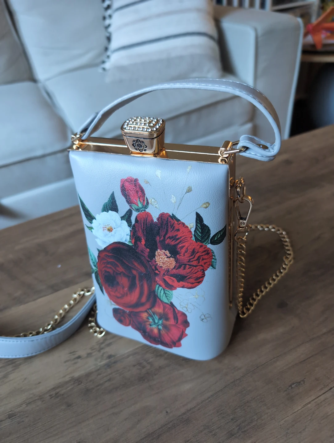 Light Grey Floral Clutch Purse with Chain Strap