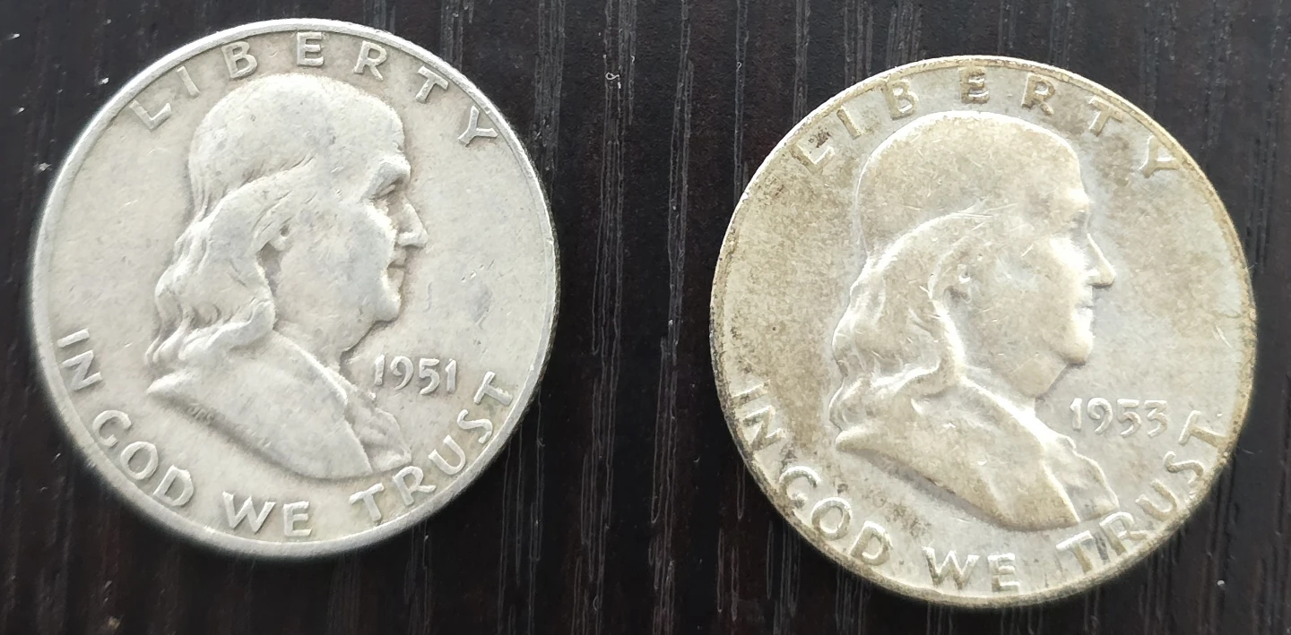 Lot of (2) Benjamin Franklin 90% Silver Half $  1951 D & 1953 S