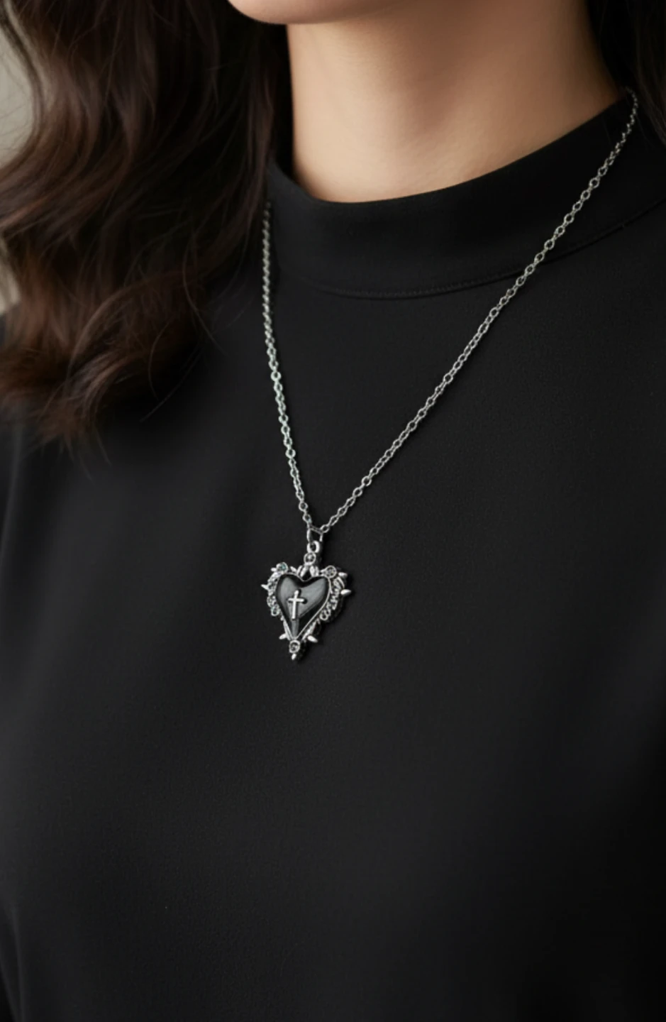 Black Heart Pendant Necklace with Cross