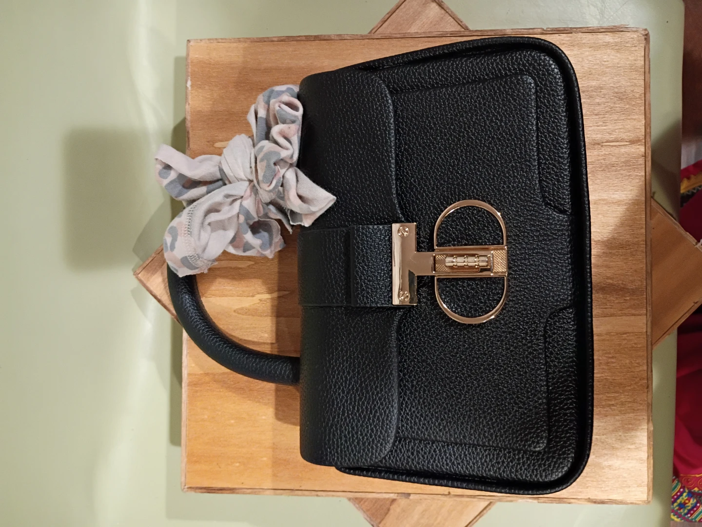 Black Textured Leather Handbag with Gold Hardware - photo 2