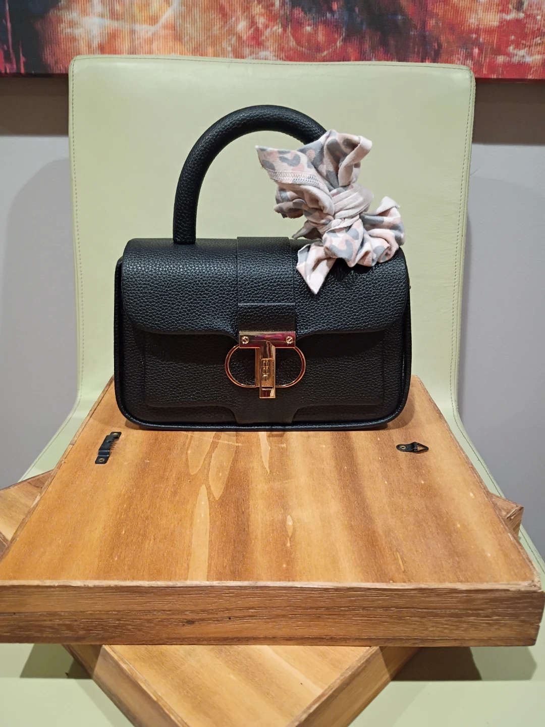 Black Textured Leather Handbag with Gold Hardware - photo 3