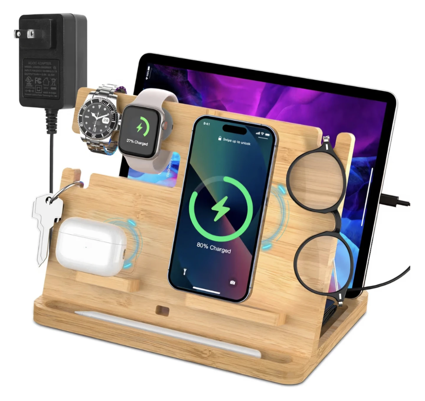 Bamboo Fast Wireless Charging Station Stand, Desk Organizer
