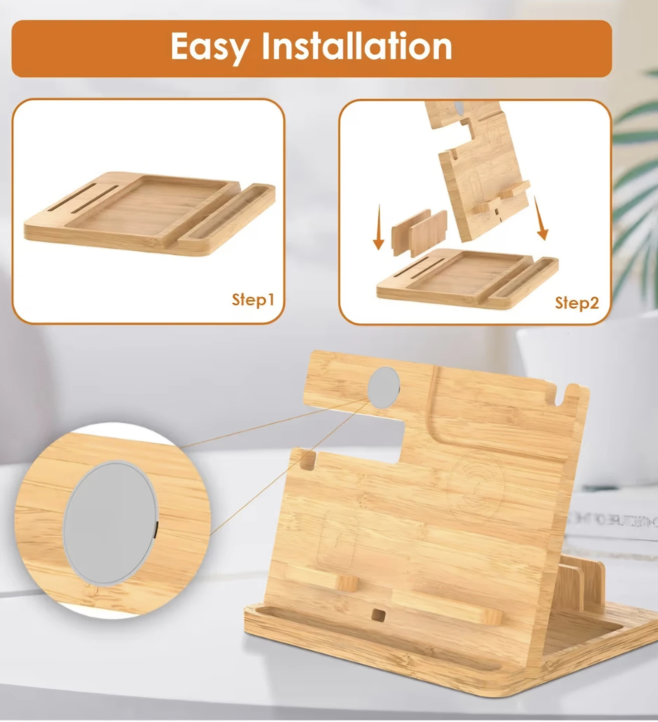 Bamboo Fast Wireless Charging Station Stand, Desk Organizer - photo 5