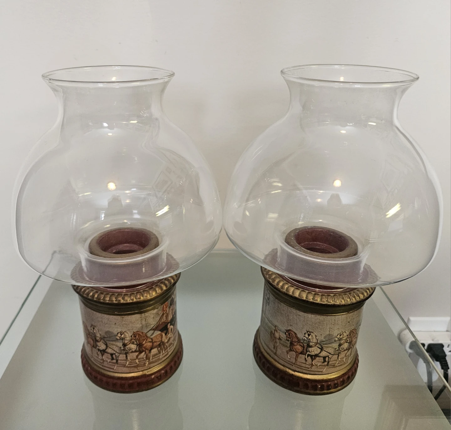 Pair of Vintage Hurricane Lamps with Decorative Bases