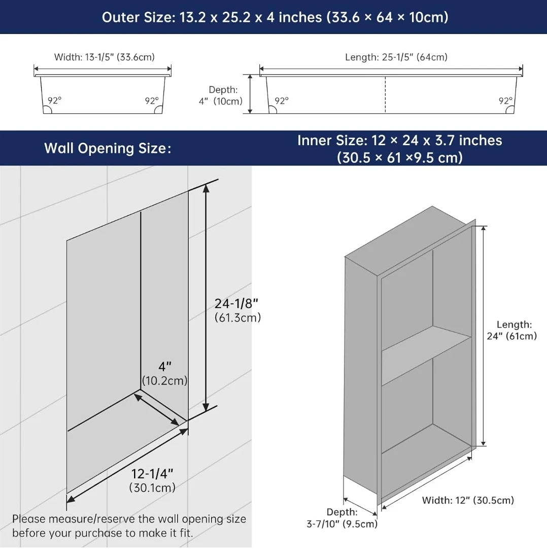 APPASO 24" x 12" Matte Black Stainless Steel Shower Niche Shelf - photo 3