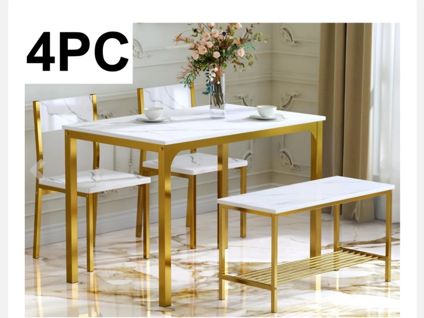 4-Piece Dining Set with Marble-Look Table and Gold Frame