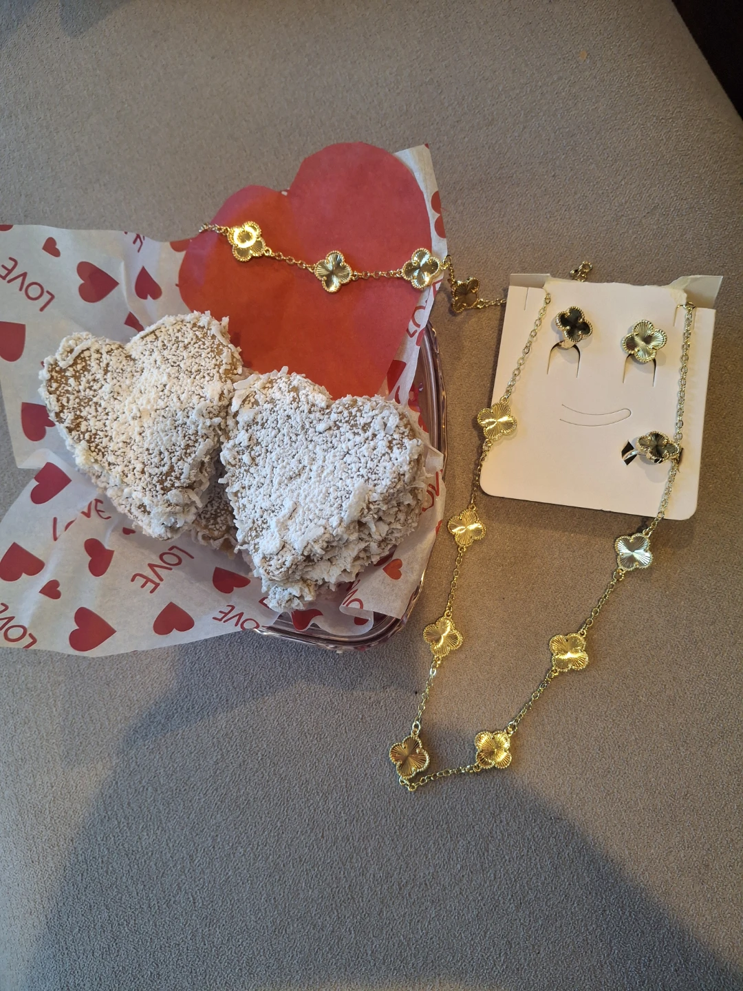 Gold Clover Necklace and Earrings Set and alfajores!