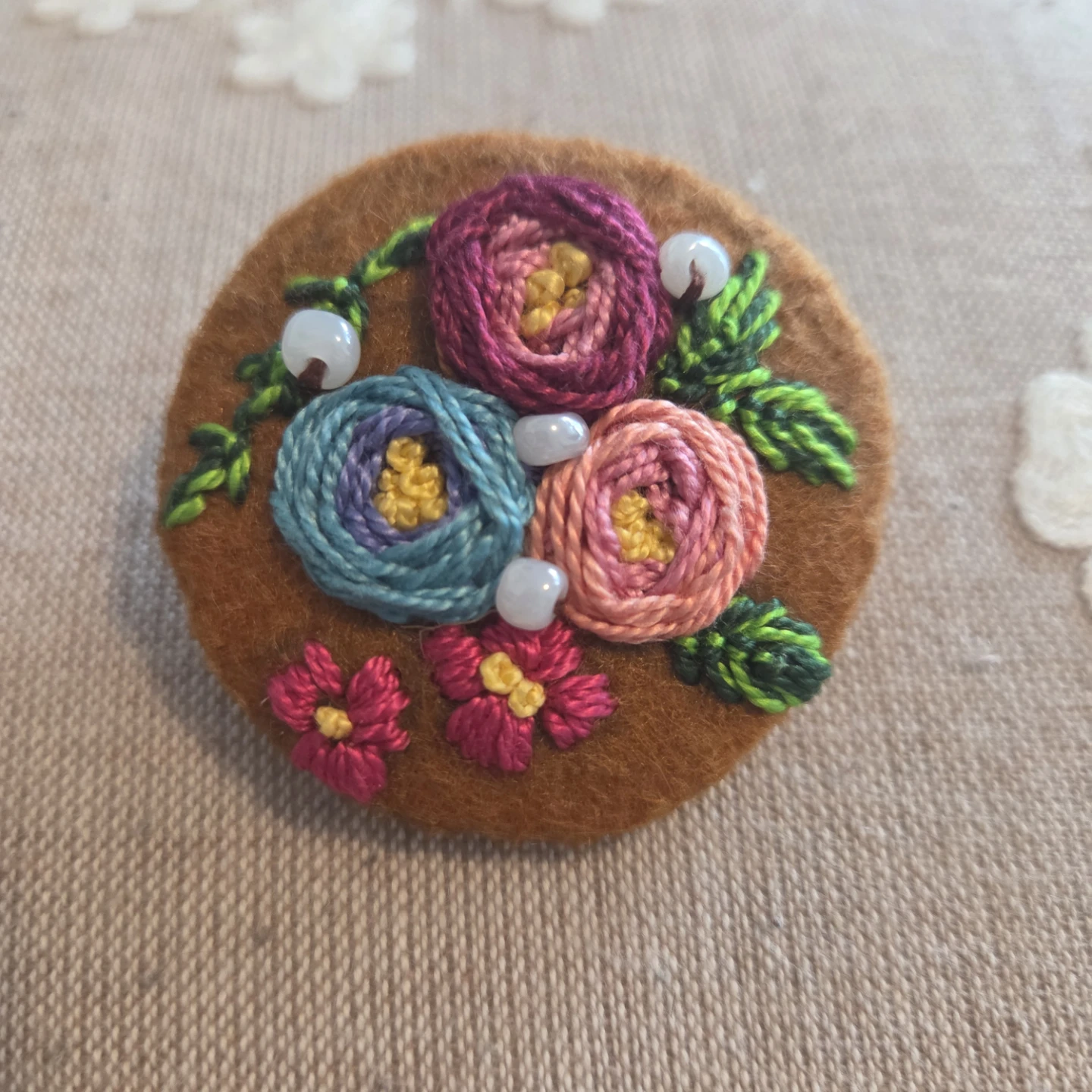 Handmade Embroidered Floral Brooch Pin