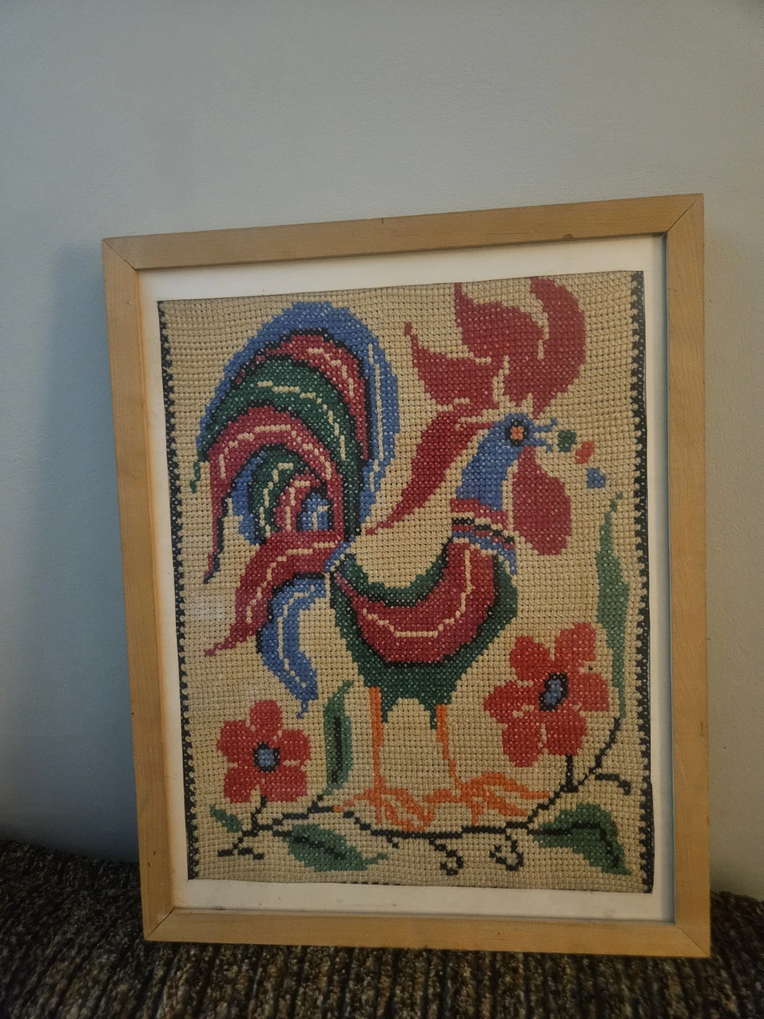 WOOD Framed Cross-Stitch Rooster Art
