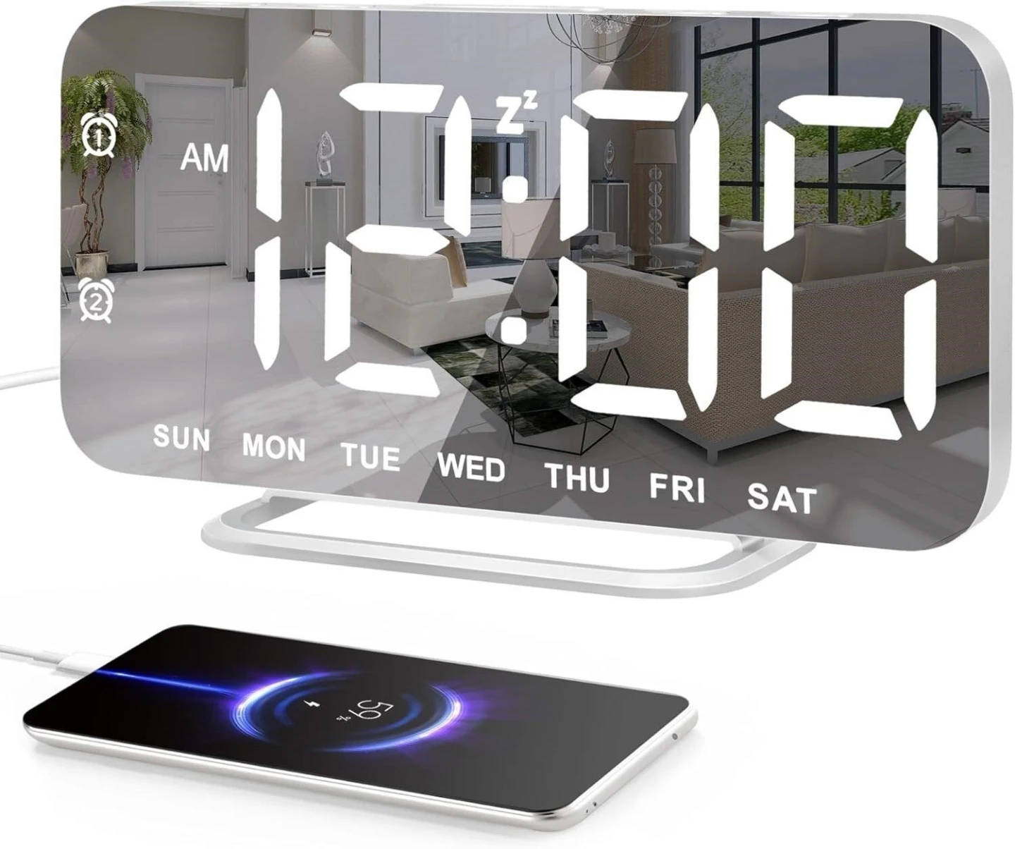 Digital Mirror Alarm Clock with USB Charging