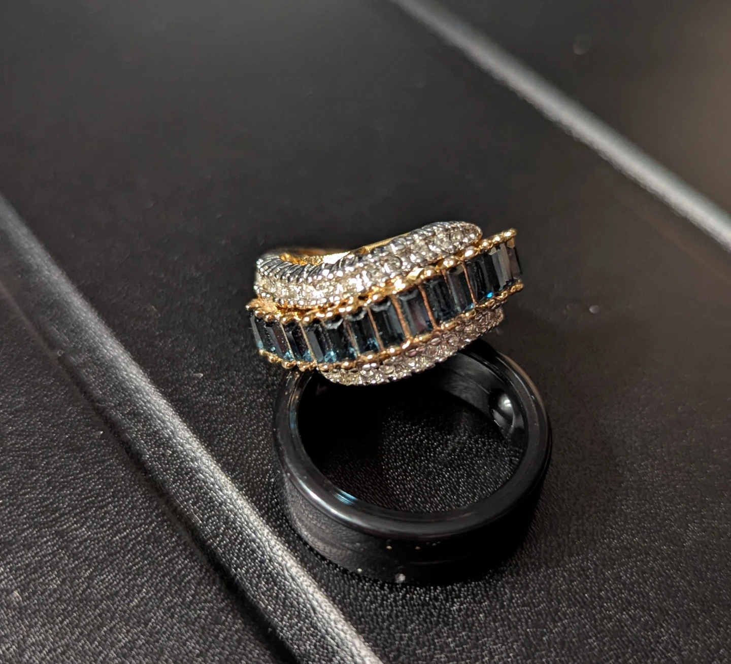 Vintage Blue Baguette Rhinestone and CZ Cocktail Ring