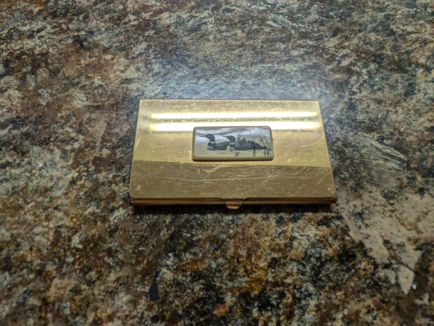 Vintage Gold Tone Business Card Holder with Loons