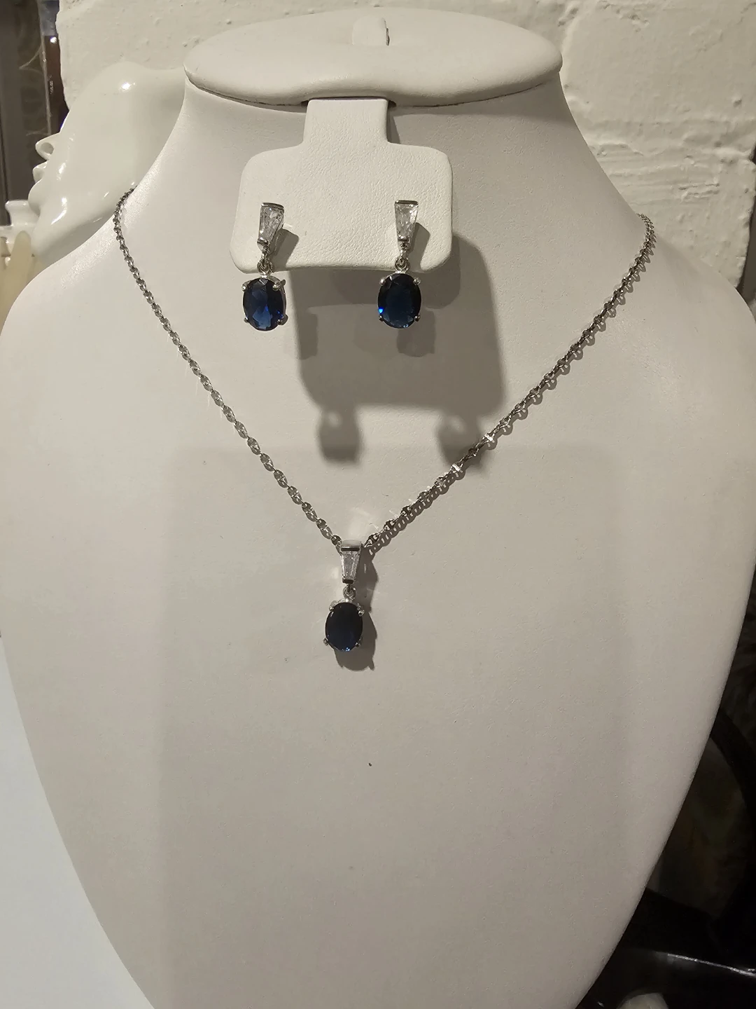 925 Sterling Silver  Necklace and Earring Set with Blue Stone