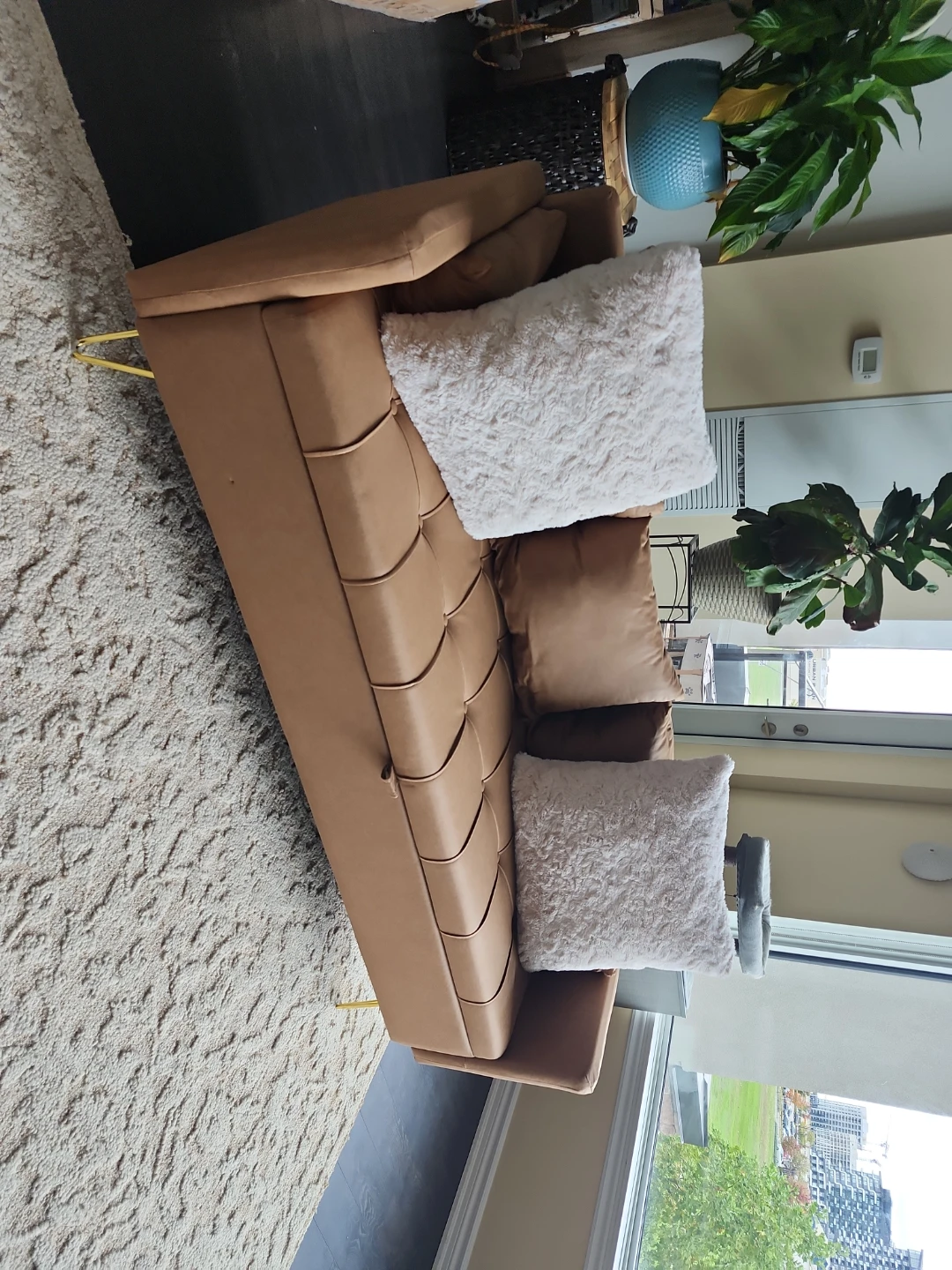 Tan Faux Leather Sofa with Gold Legs