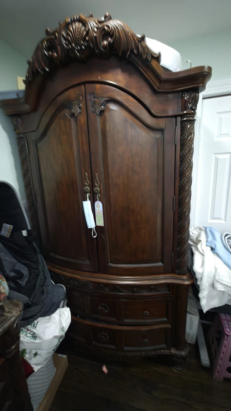 Wooden Bedroom Set - Ornate Carved Headboard & Armoire