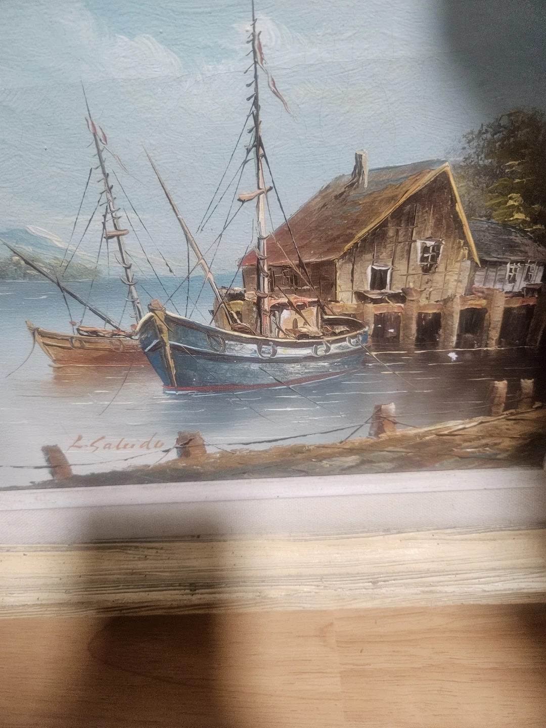 Framed "Boats at Dock" Oil Painting by L. Salcido - photo 3
