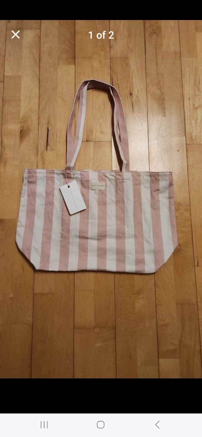 Poppy & Peonies Pink & White Stripes Large Tote Bag (Brand New)