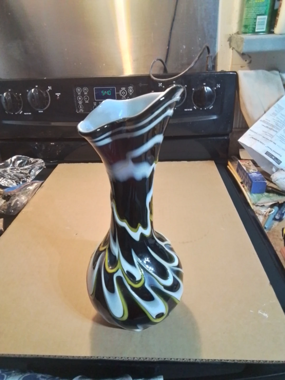 12.5" Handmade Glass Vase with Swirl / Feathered Pattern