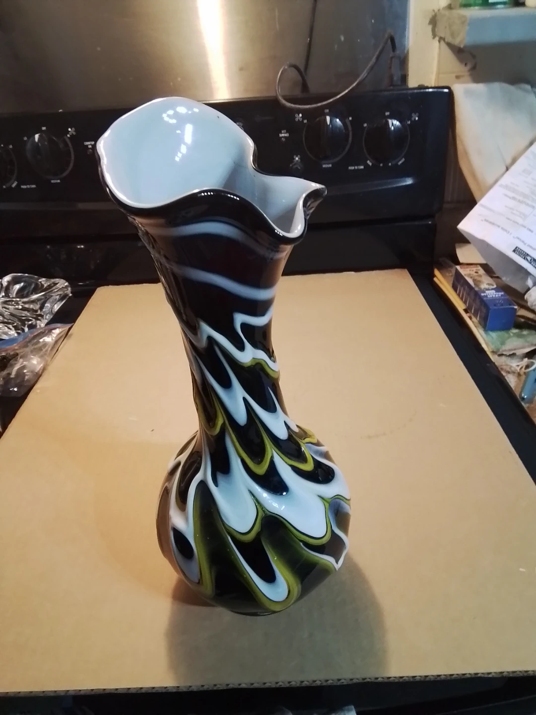 12.5" Handmade Glass Vase with Swirl / Feathered Pattern - photo 3
