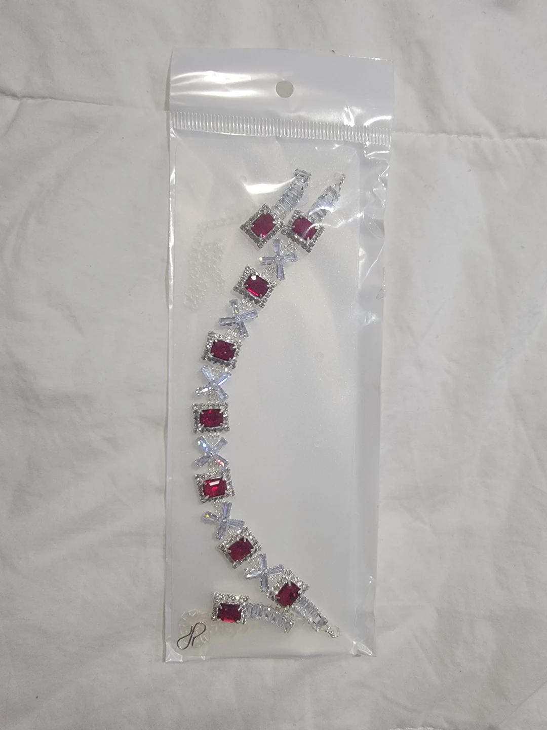 Rhinestone and Ruby Red Gemstone Necklace and Earring Set
