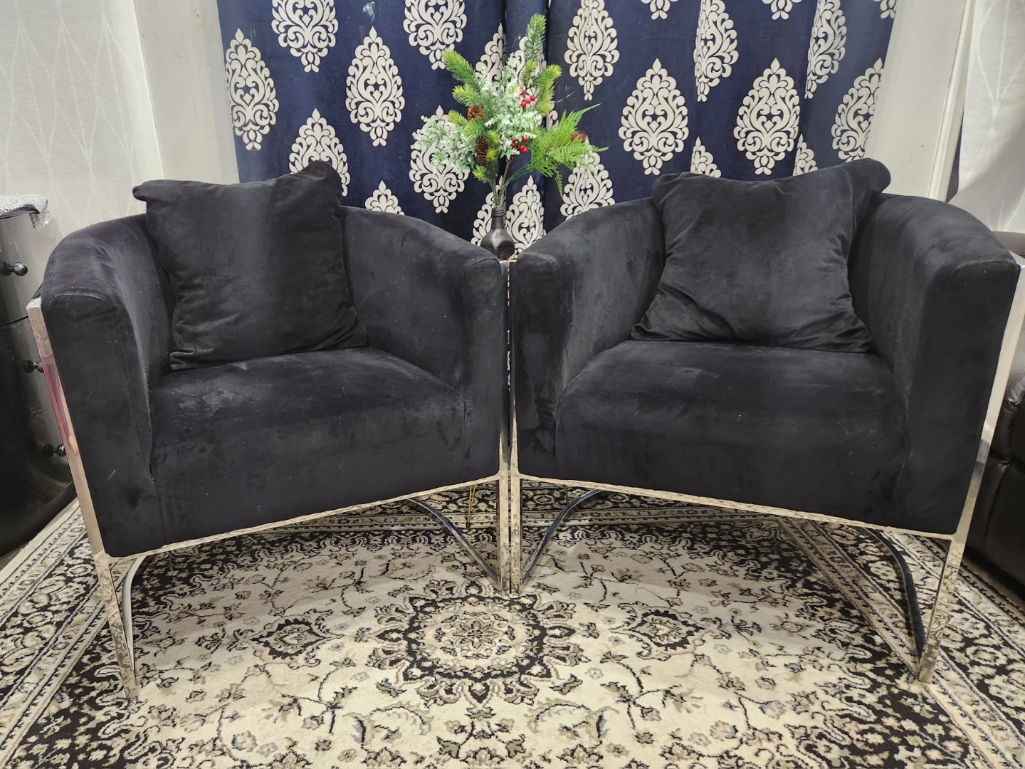 Pair of Black Velvet Accent Chairs with Chrome Legs - photo 3