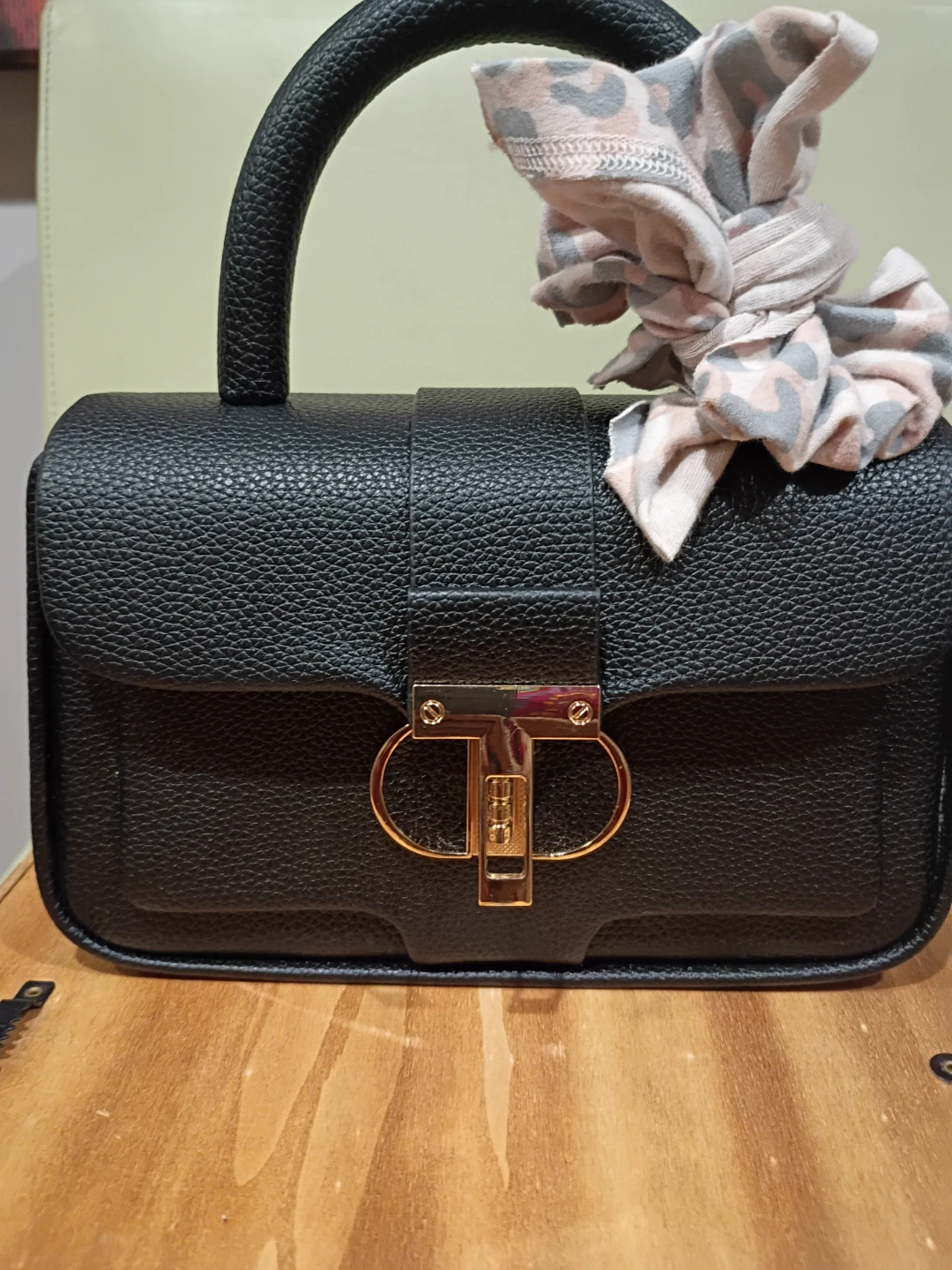 Black Textured Leather Handbag with Gold Hardware