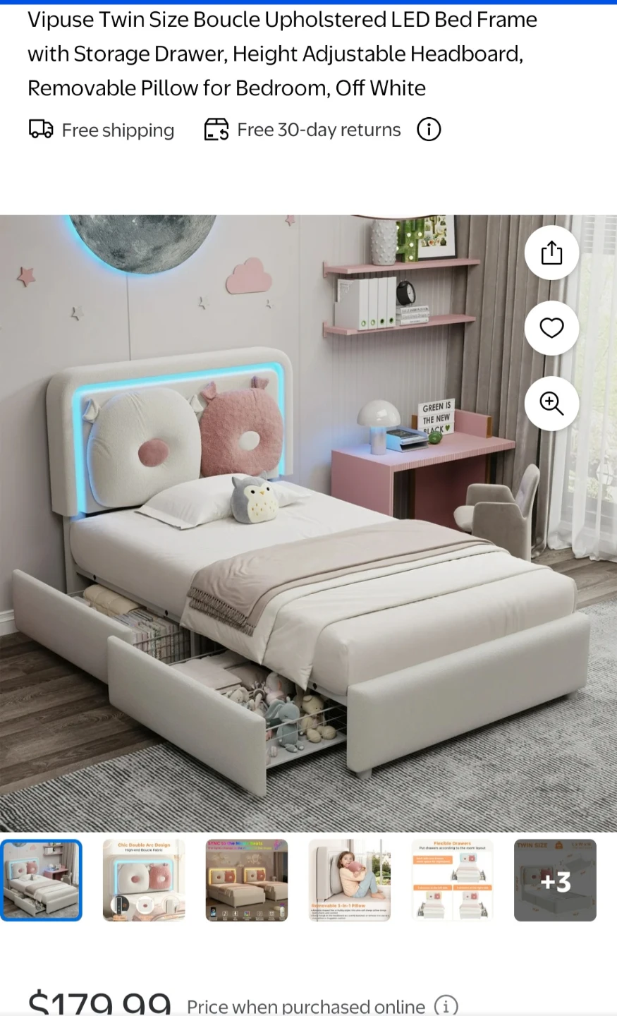 Vipuse Twin Size Upholstered LED Bed Frame - Off White