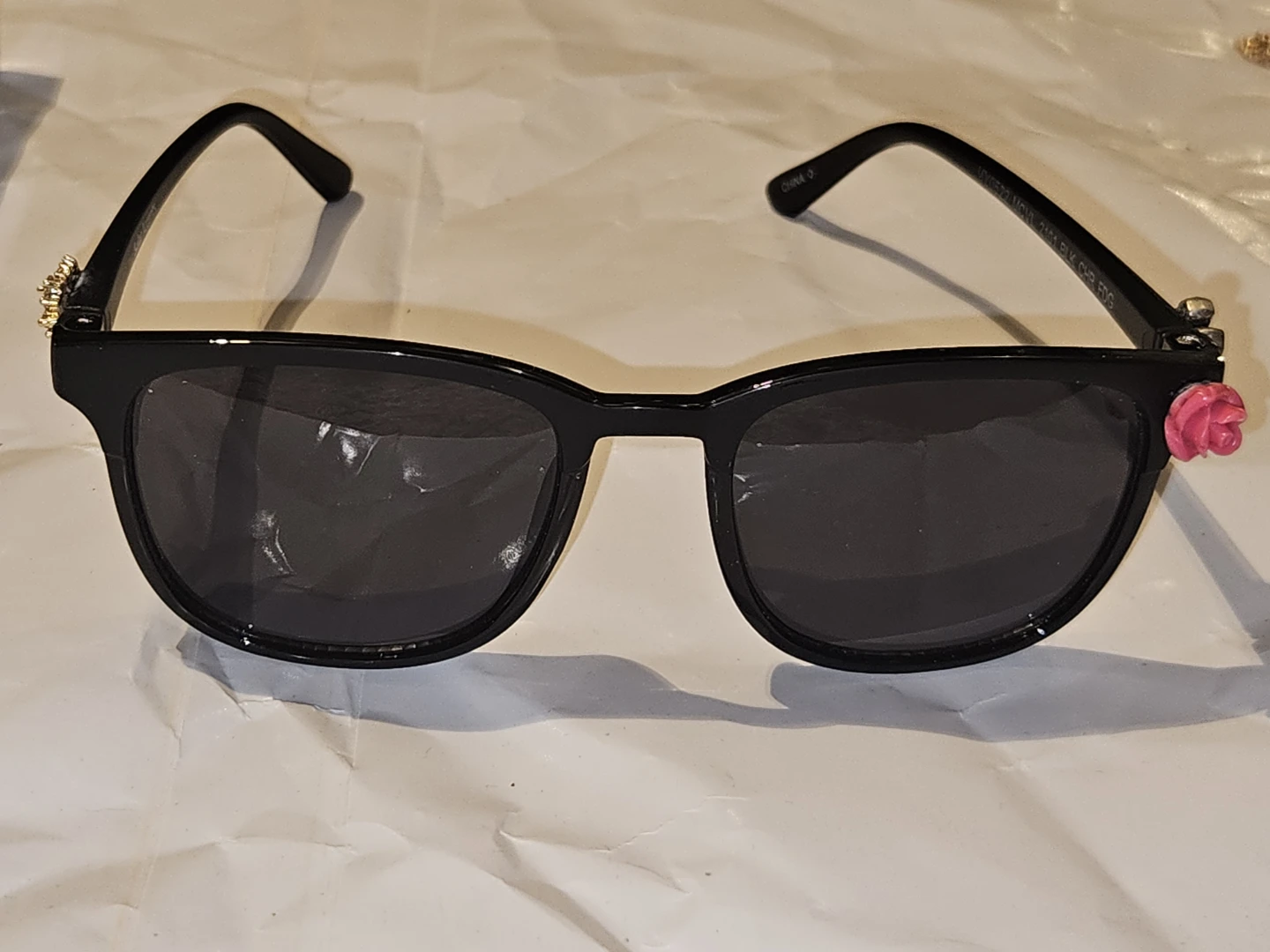 Solar Accents Black Sunglasses with Rose and Gem Embellishments