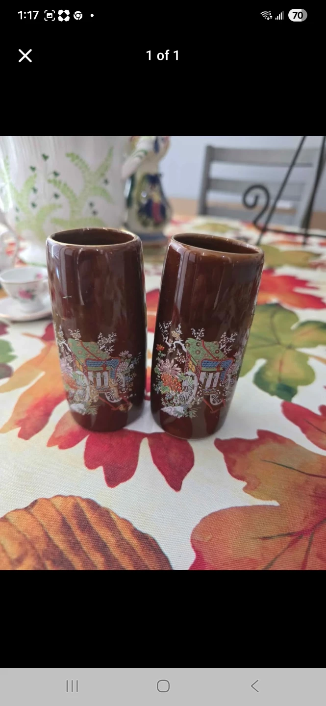 Pair of Brown Ceramic Shot Glasses with Decorative Scene
