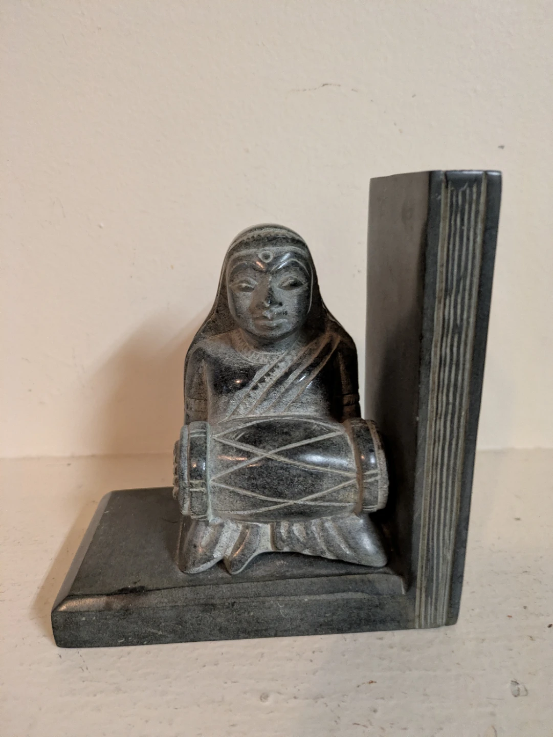 Vintage Stone Figurine Bookend with Drum