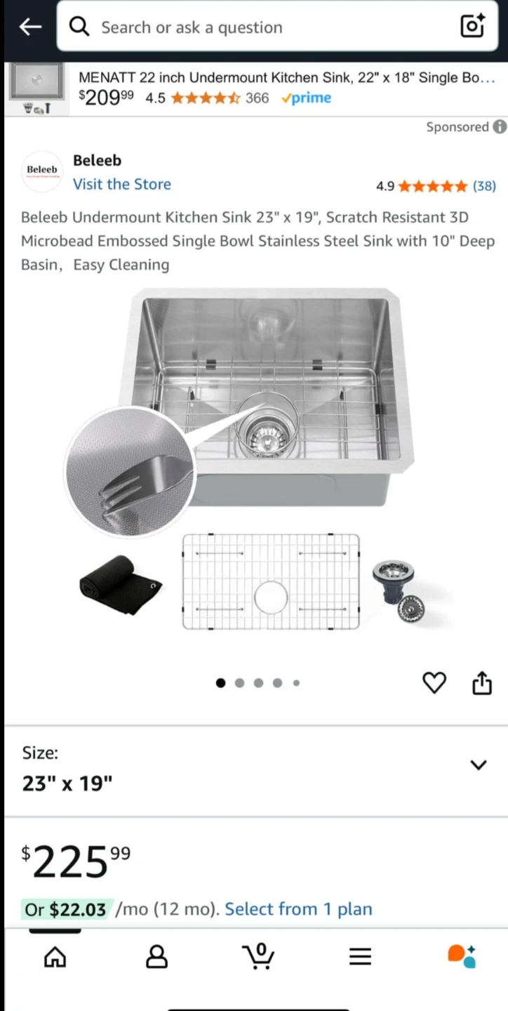 Handmade 23” x 19” Undermount Kitchen Sink, 18 Gauge T-304 NEW