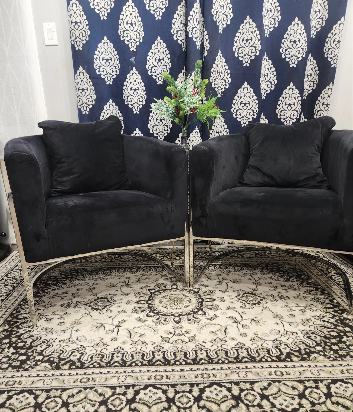 Pair of Black Velvet Accent Chairs with Chrome Legs - photo 2