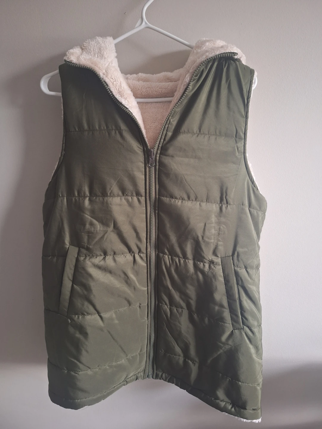 NEW Reversible Green Puffer Vest with Sherpa Lining