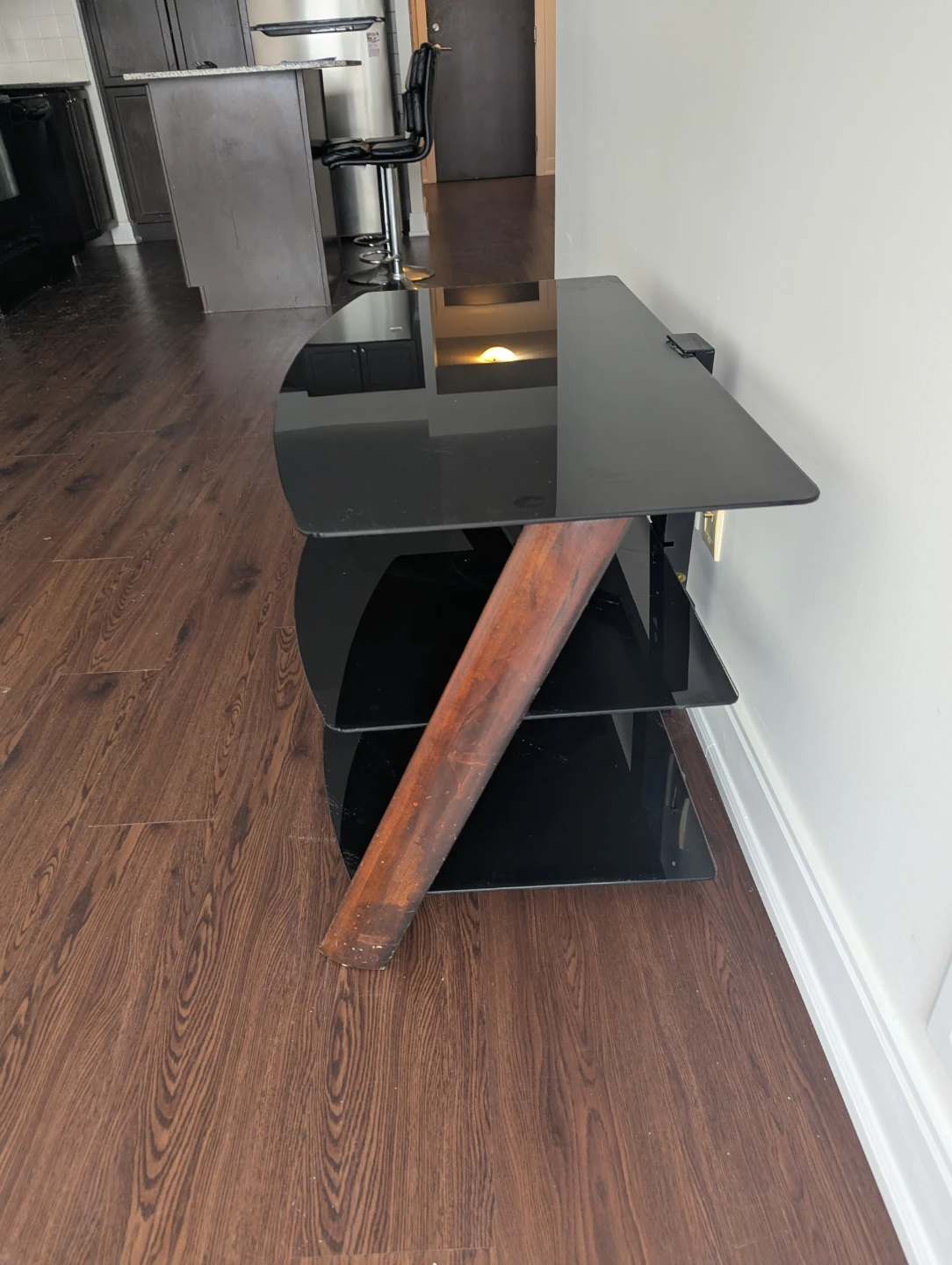 3-Tier Black Glass TV Stand with Wood Accents - photo 2