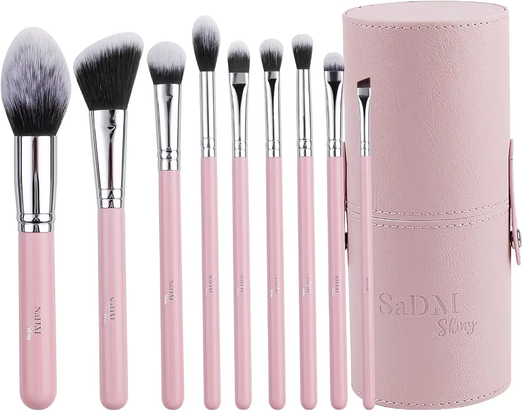 SaDMI Shiny 9-Piece Pink Makeup Brush Set with Case