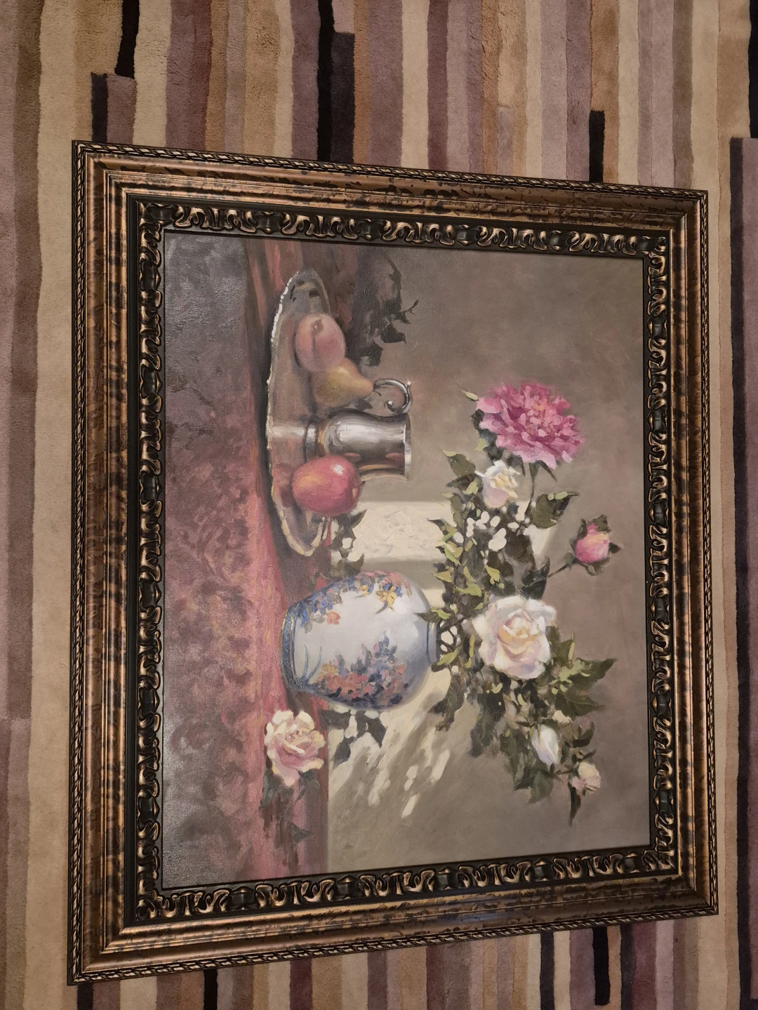 Framed Oil Painting of Flowers and Fruit