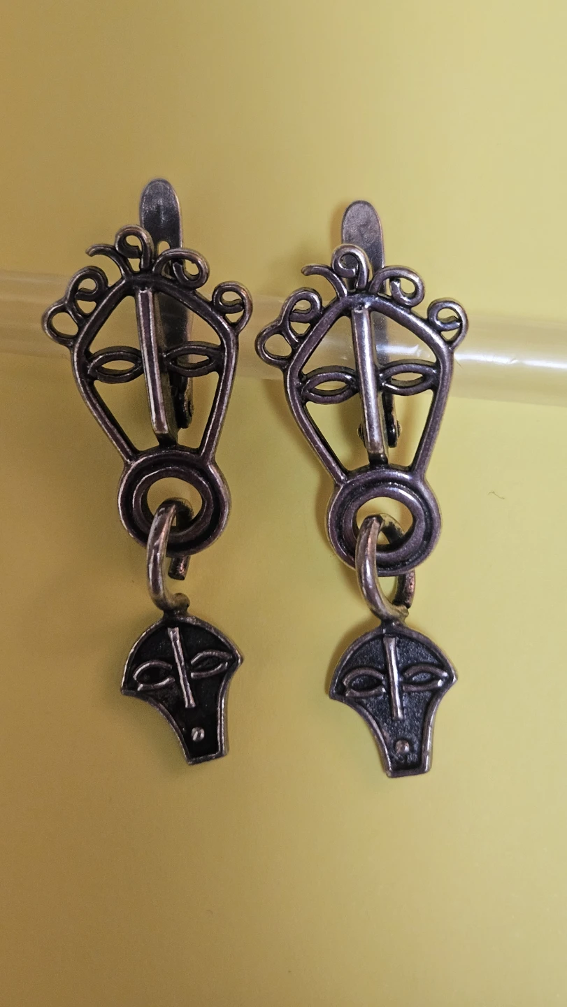 Vintage Silver Tone Abstract Face Dangle Earrings