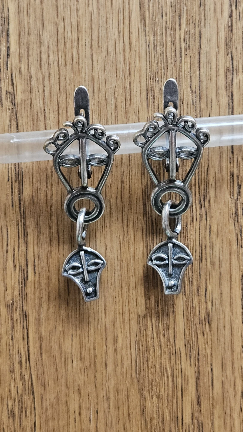 Vintage Silver Tone Abstract Face Dangle Earrings - photo 2