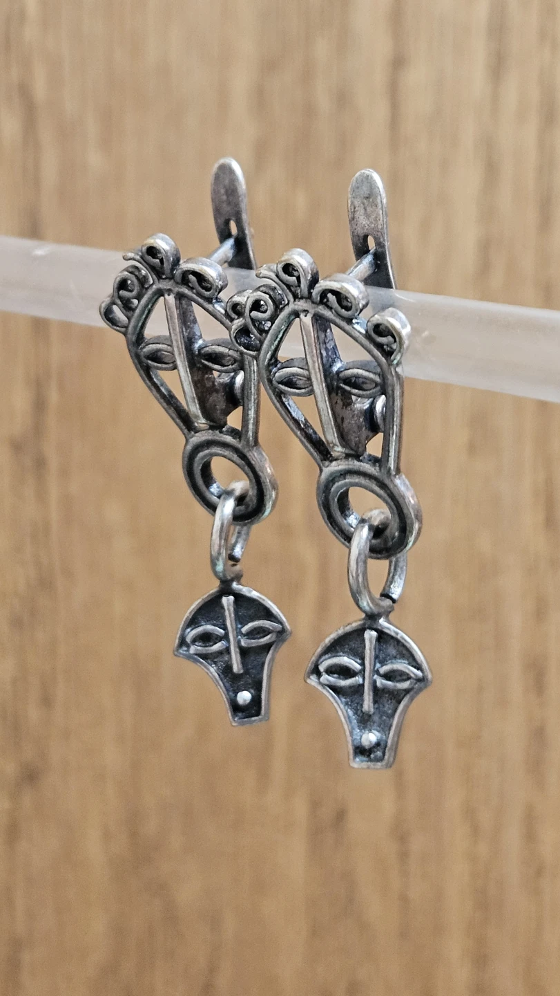 Vintage Silver Tone Abstract Face Dangle Earrings - photo 3