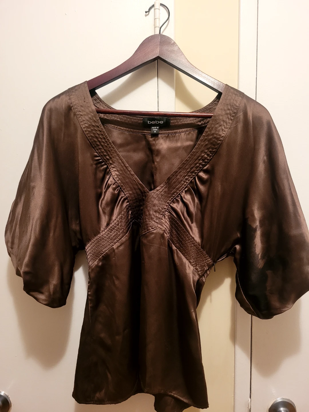 Bebe Brown Satin Dolman Sleeve Blouse - Size S🥕