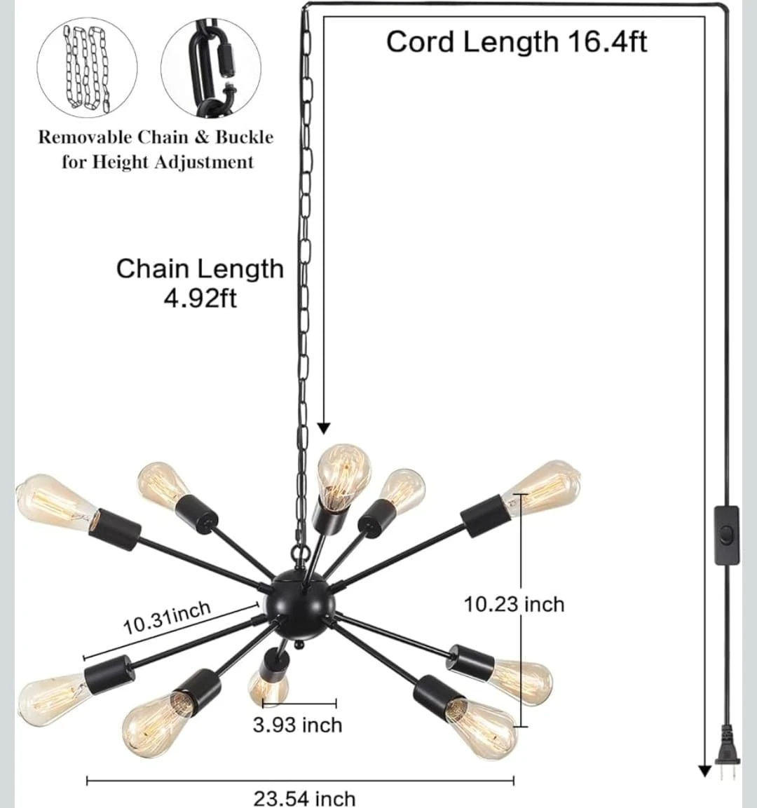 Sputnik Chandelier Black 12-Light Plug-in Pendant Light Fixture