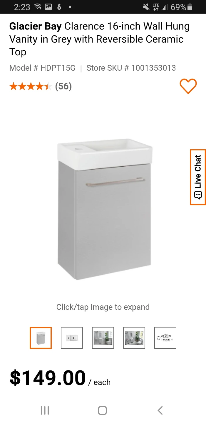 Glacier Bay Clarence 16-inch Wall Hung Vanity - Grey