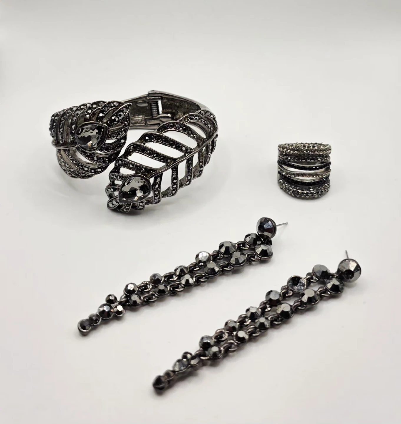 Rhinestone Feather Design Bracelet, Ring & Earring Set - photo 3