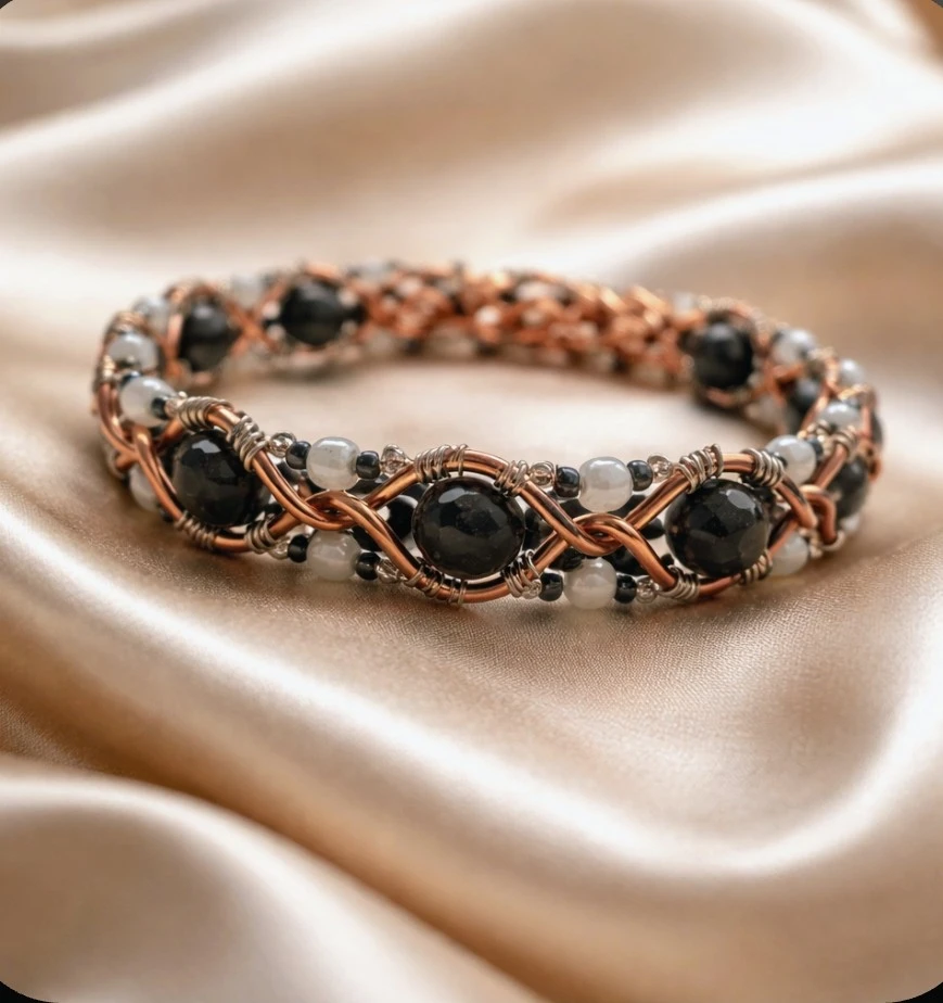 Handmade Copper Beaded Bracelet with Snowflake Obsidian Stones
