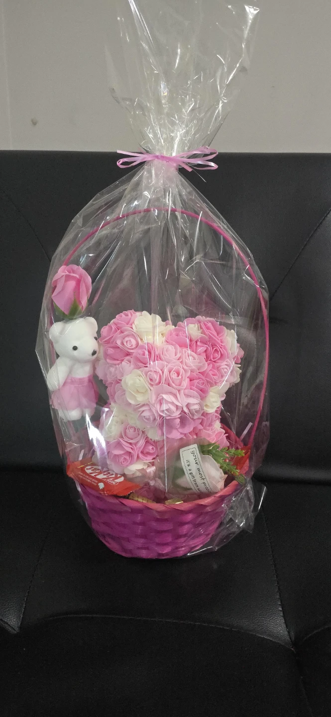 Heart Rose Bear Gift Basket with Kit Kat